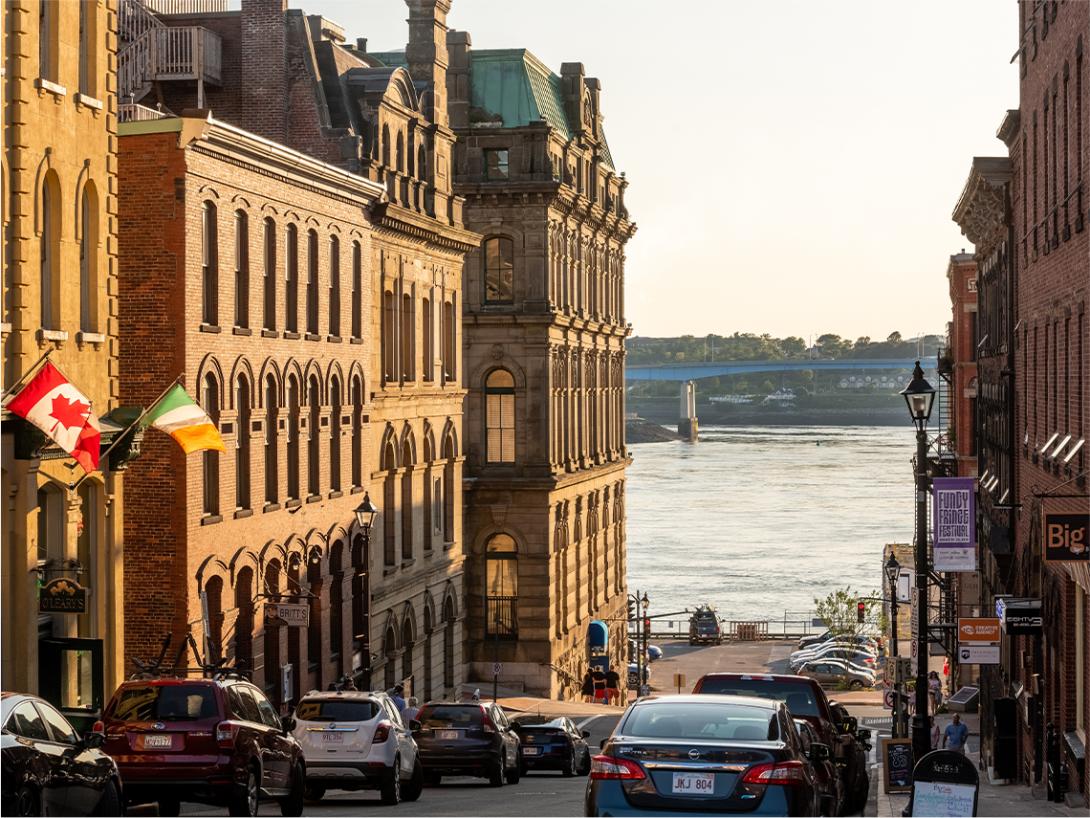 A view down a hill street in Saint John