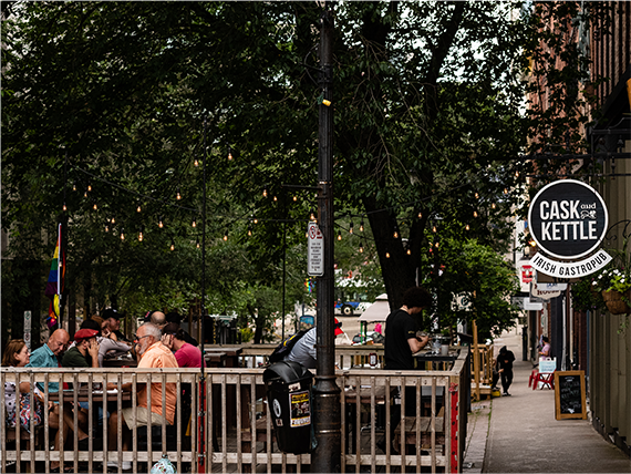 The outdoor seating area of a restaurant